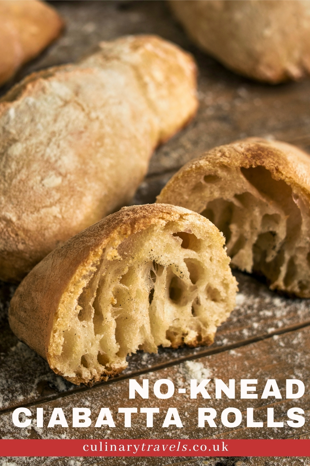 Pinterest graphic showing cut-open no-knead ciabatta rolls with the text “No-Knead Ciabatta Rolls”.